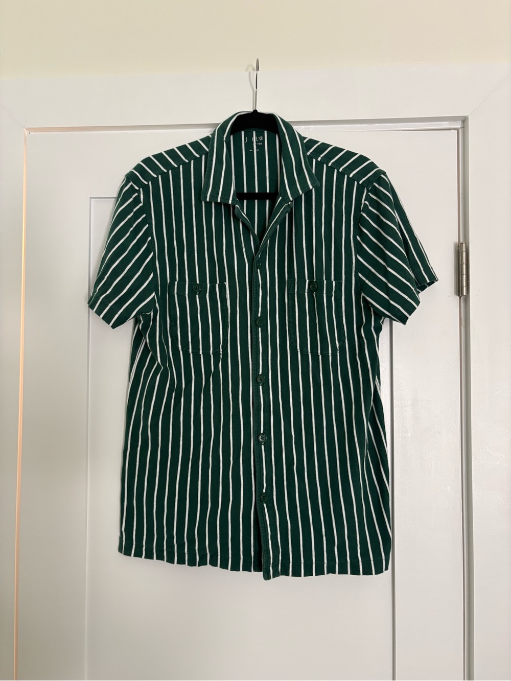 J.Crew Green White Striped Cotton Jersey Knit Camp Collar Shirt SU23 BR050 M